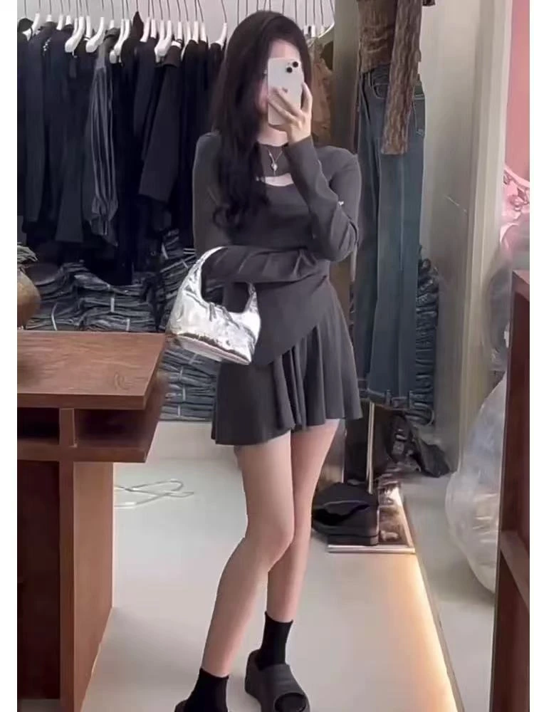 盐系穿搭套装女春秋新款法式上衣高腰辣妹半身短裤裙子两件套女装