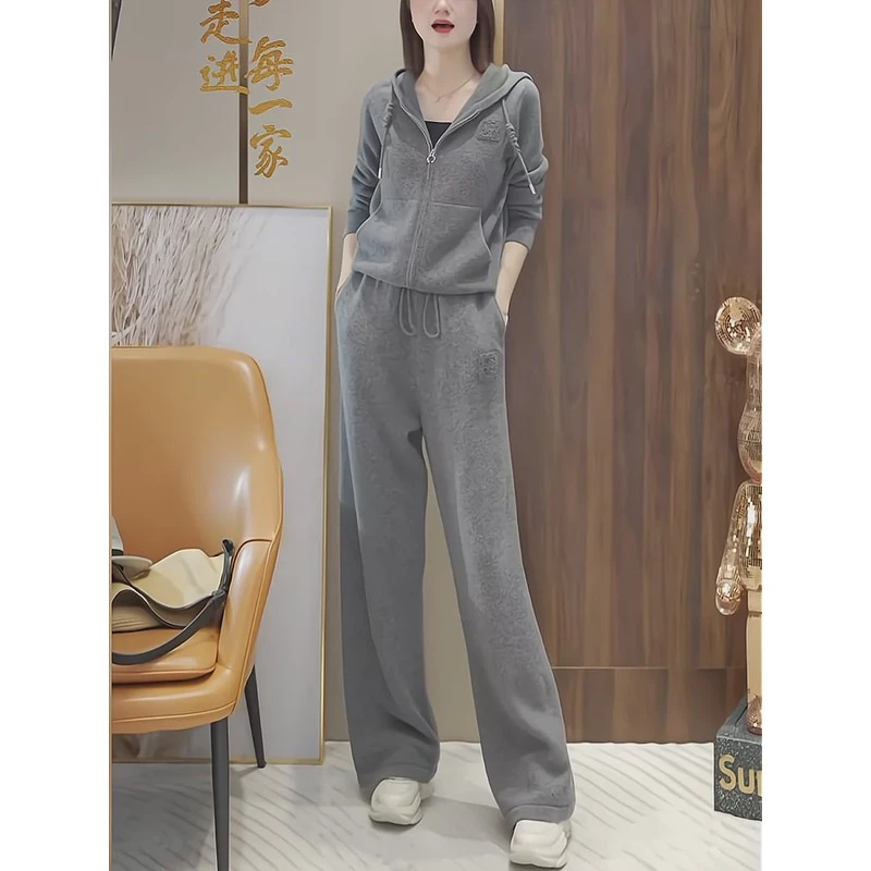 深灰色高端休闲运动套装女2024新款百搭慵懒风显瘦秋季穿搭一整套