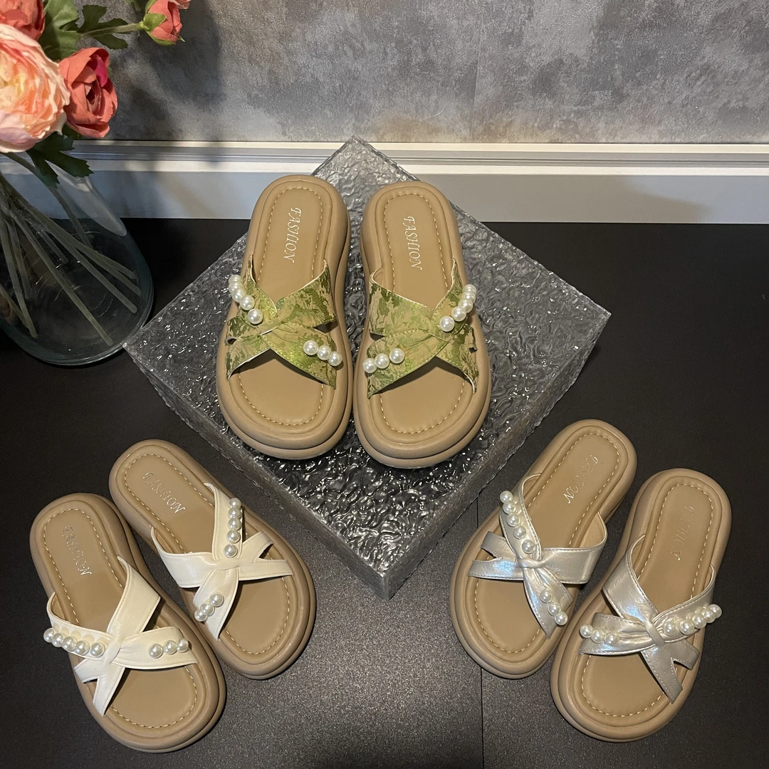 2025年夏季新款交叉珍珠设计简约休闲款外穿软底沙滩百搭拖鞋-5CM