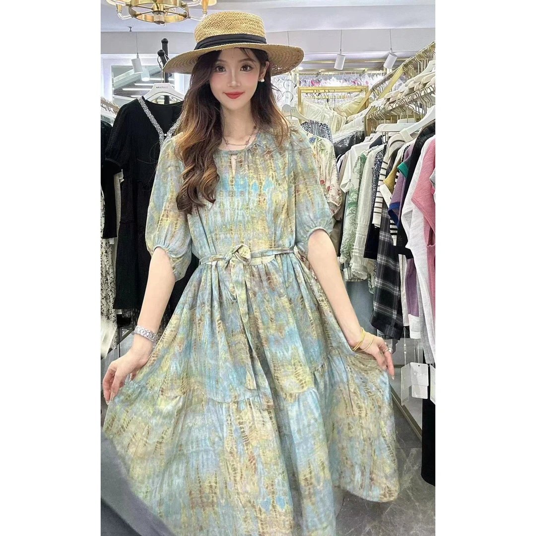 A06087 2025夏季宽松显瘦晕染渐变色中袖连衣裙
