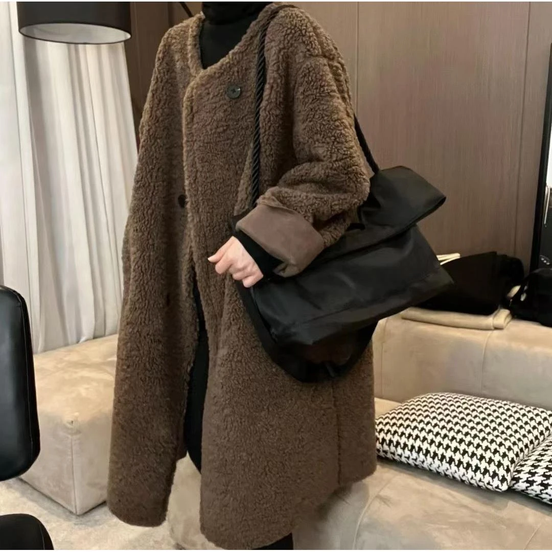 冬季慵懒风毛毛大衣百搭宽松赫本风外套宽松中长款外穿风衣保暖女