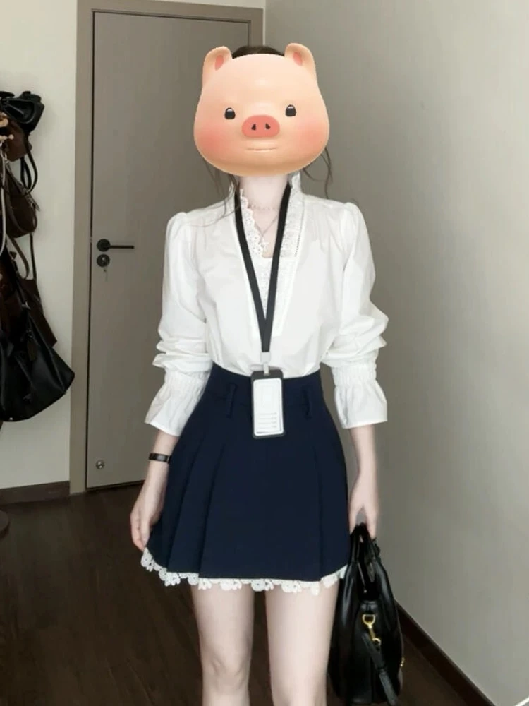 2025早春新款学院风喇叭袖衬衫连衣裙子女夏季韩系蕾丝花边套装裙