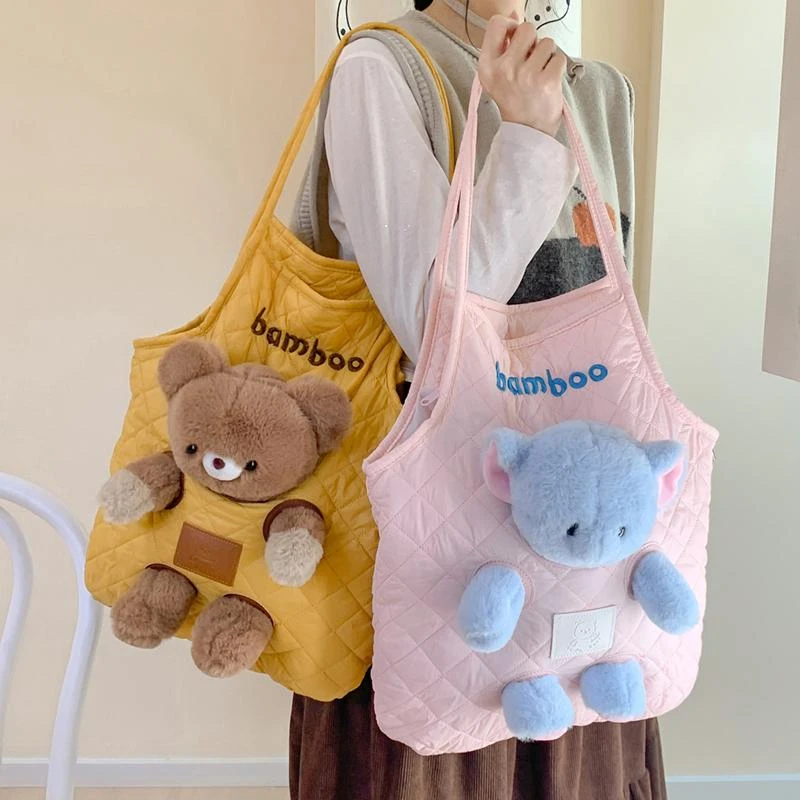 可爱小熊塞娃托特包大容量玩偶单肩包外出娃包卡通熊猫轻便手提包