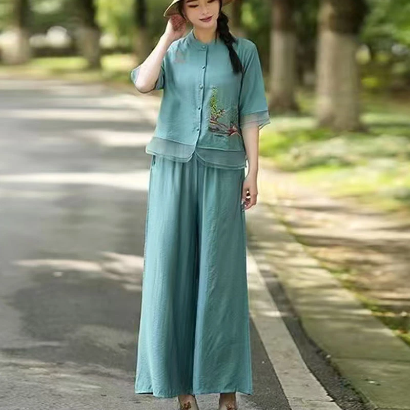 【母亲节】夏季新款气质百搭上衣+裤子时尚女刺绣短袖套装