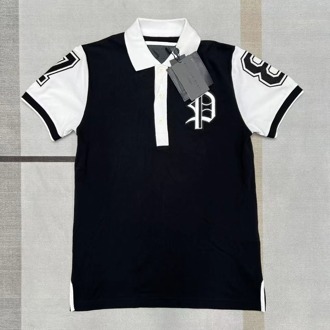 全新未使用 Philipp Plein 短袖夏季纽扣刺绣拼接几何Polo衫海军