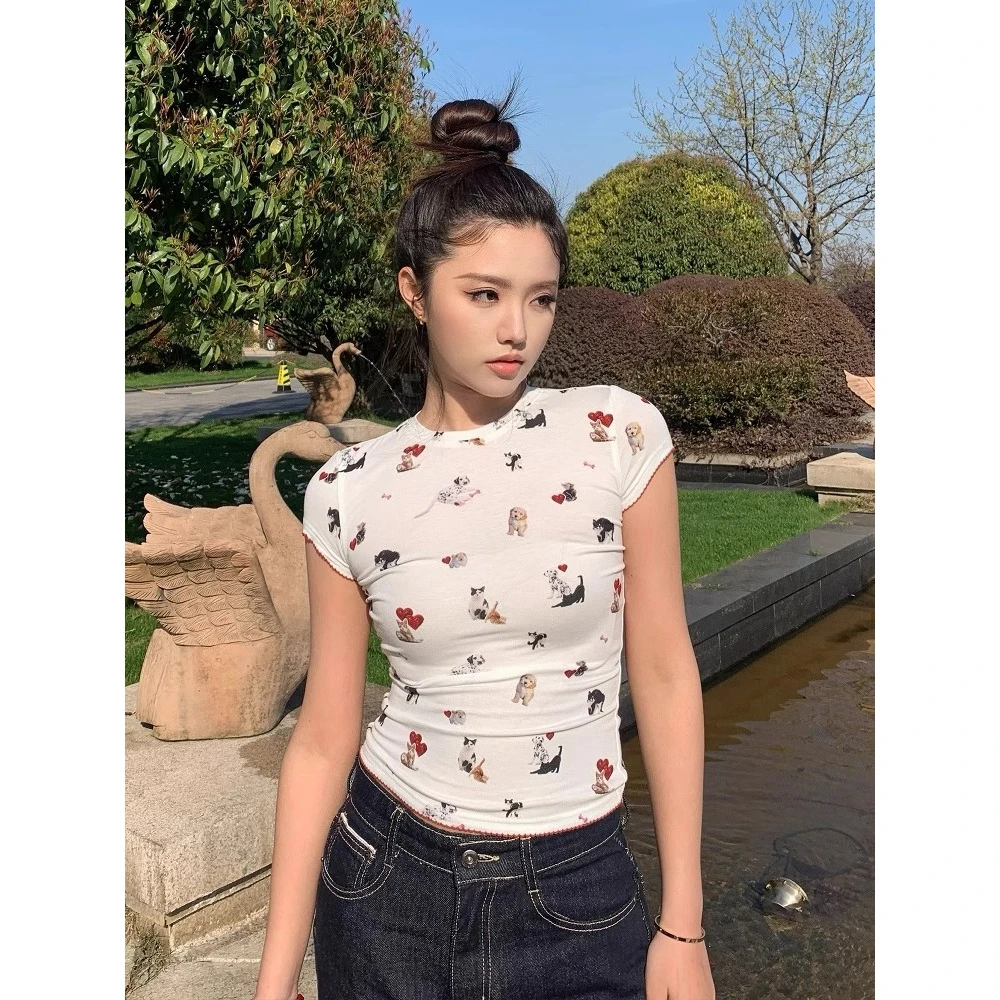 美式甜辣妹卡通猫狗印花短袖T恤女夏季新款修身弹力显瘦正肩上衣