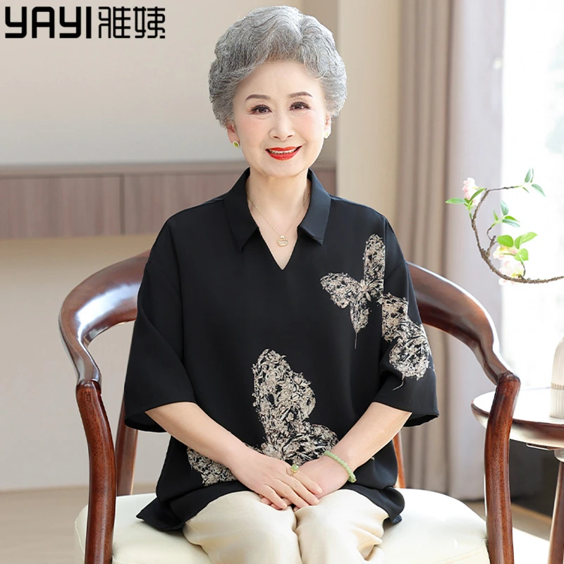 妈妈夏装休闲衣服中老年人短袖t恤女老人衣服老太太奶奶夏季上衣