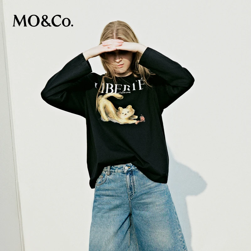 MOCO长袖T恤2025春新品抗菌防螨棉质萌宠猫猫印花白色MBE1TEET15