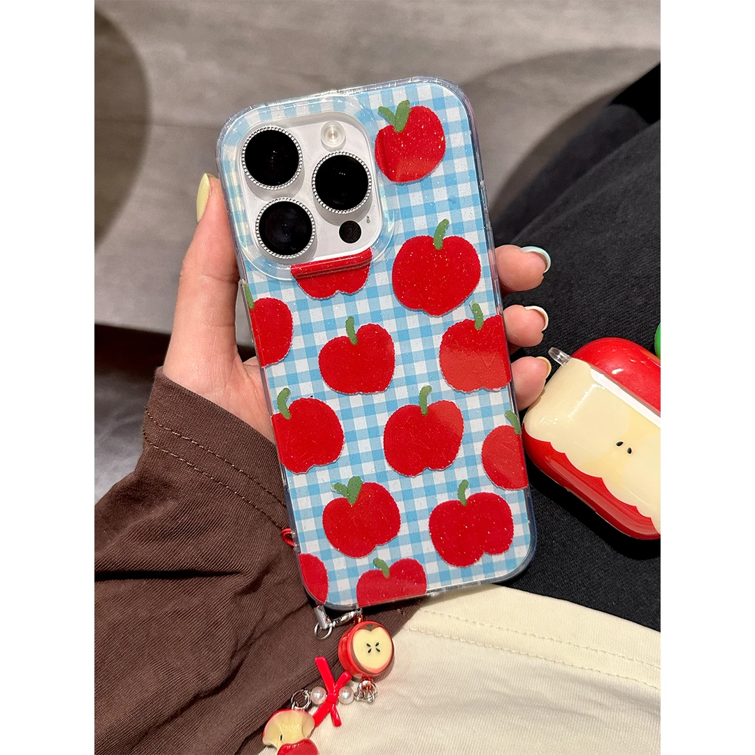 适用苹果16手机壳iPhone15/14promax粉色蓝格纹苹果保护套