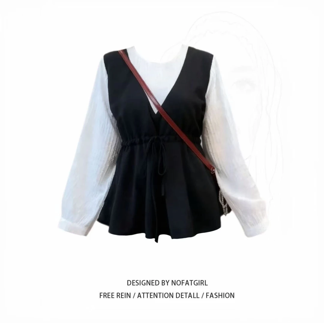 秋冬新款遮肚显瘦孕妇哺乳上衣撞色收腰假两件拼接长袖衬衫