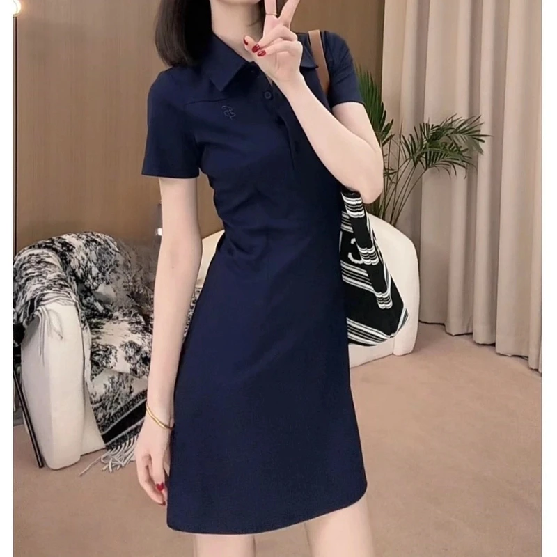 【短款】韩版POLO领藏青色气质百搭连衣裙女夏季纯色显瘦休闲裙子