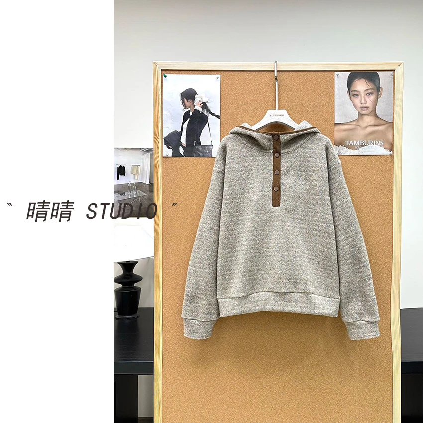 晴晴家-「锻彩羊绒卫衣」25年冬韩系简约百搭休闲半扣连帽卫衣5729