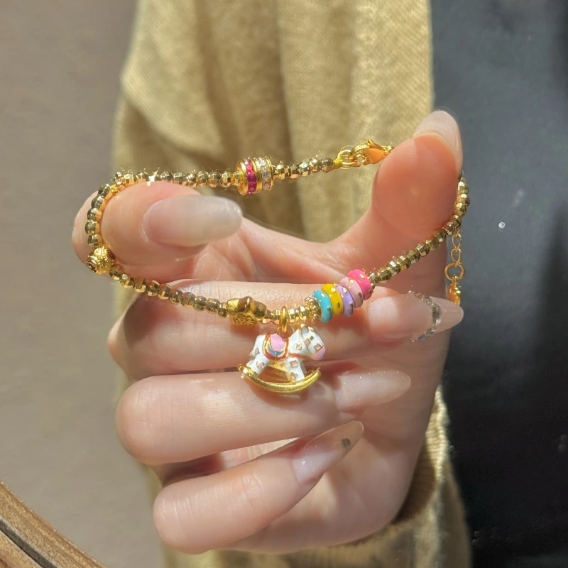 新中式国潮风 古法鎏金多巴胺粉珐琅彩蹦迪珠点钻摇摇小木马手链