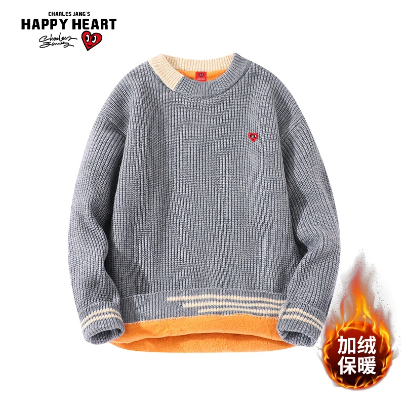 查尔斯桃心 加绒款拼色圆领毛衣男女同款情侣慵懒风宽松秋冬