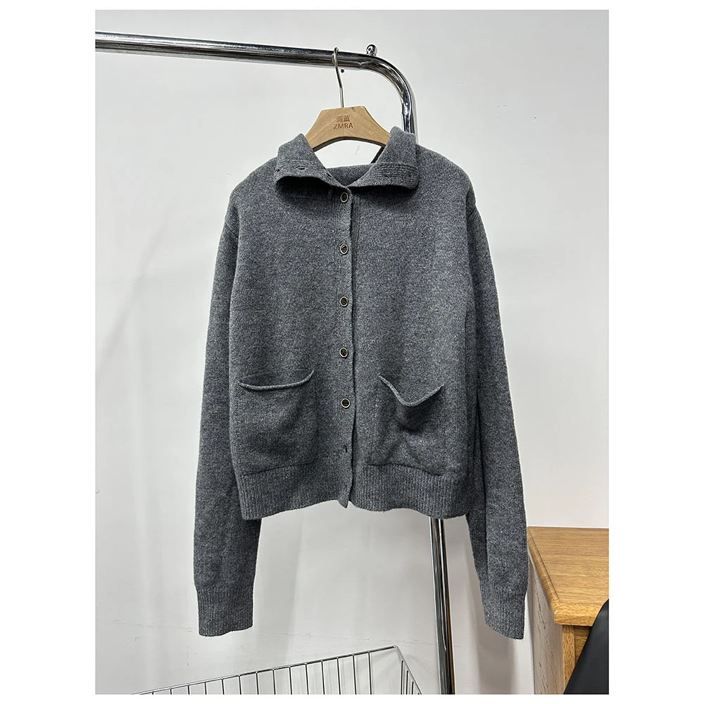 M071  秋季新款女士休闲时尚百搭翻领长袖针织开衫外套女