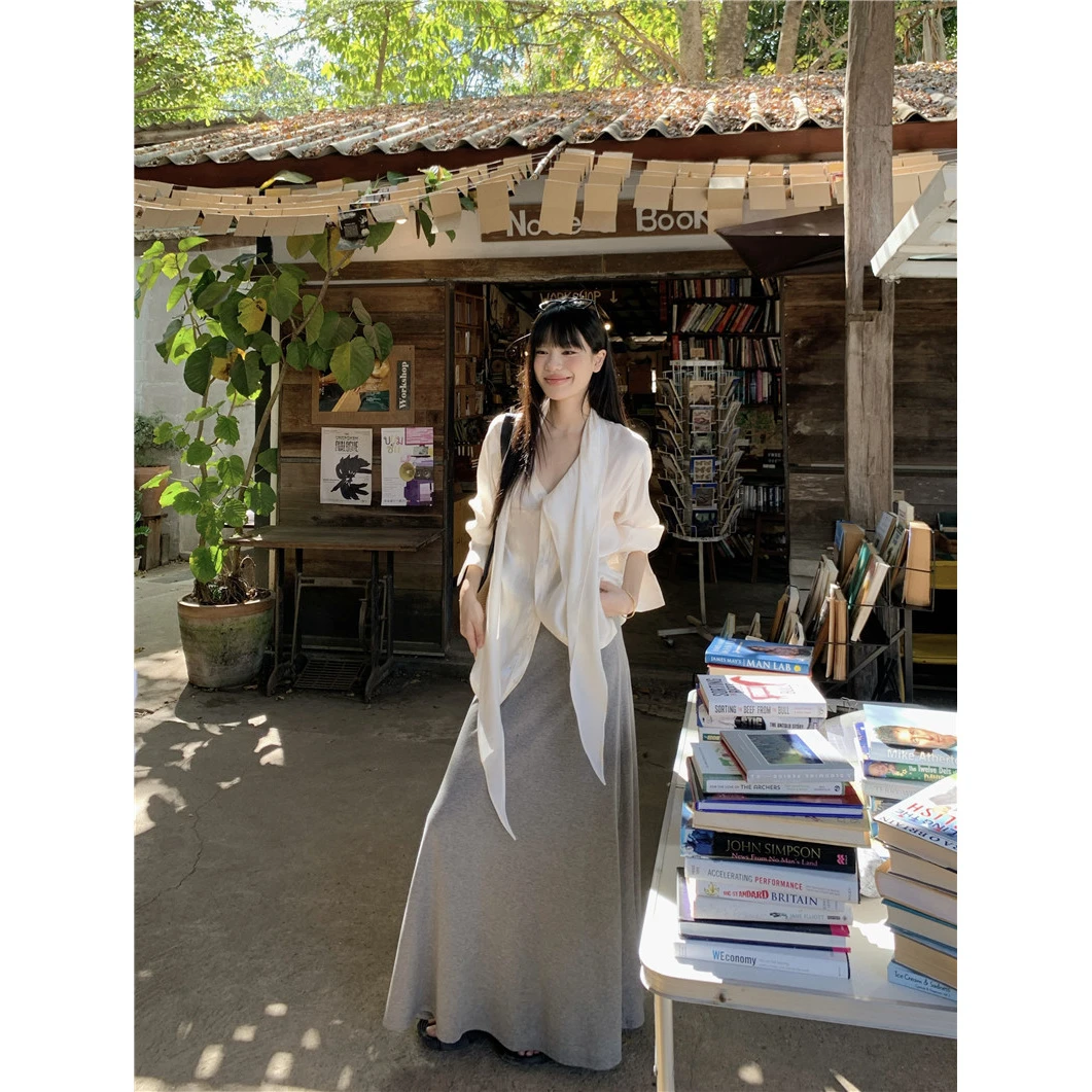 慵懒风飘带设计长袖衬衫A字半身裙套装2025夏季新款时尚两件套女