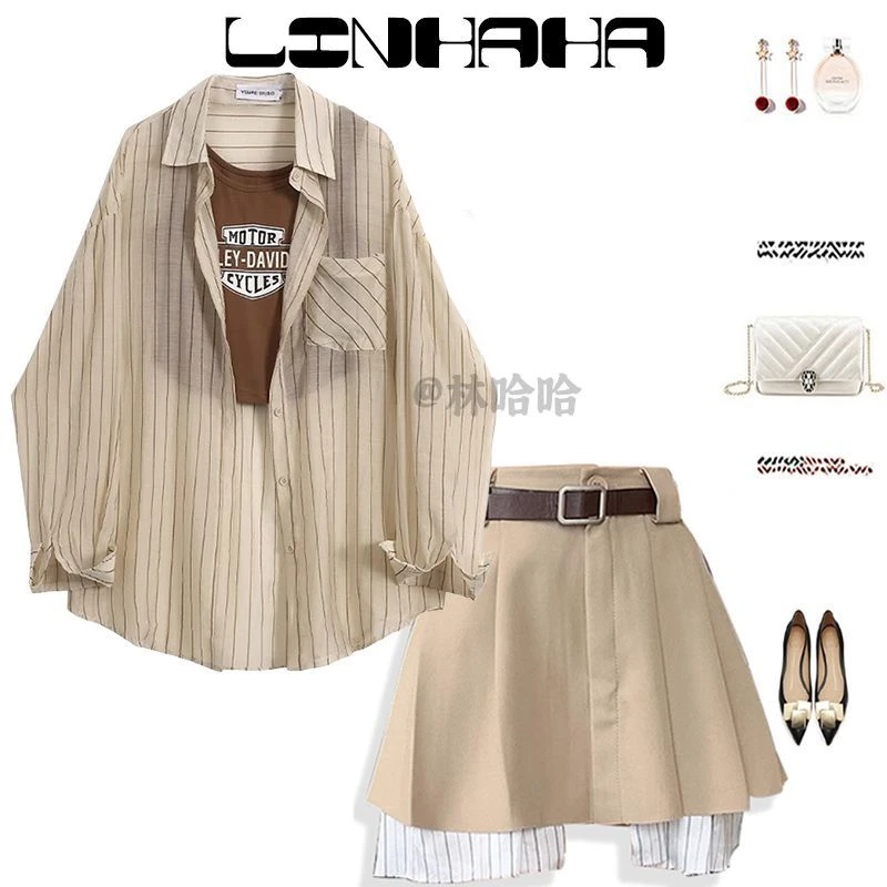 夏季新款穿搭一整套复古防晒衬衫内搭辣妹吊带搭配韩版短裙三件套