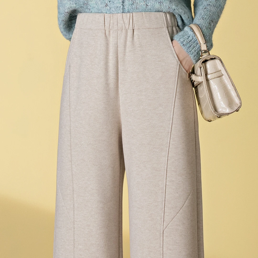 羊毛呢休闲裤女2025秋冬季新款松紧高腰显瘦直筒裤宽松阔腿长裤子