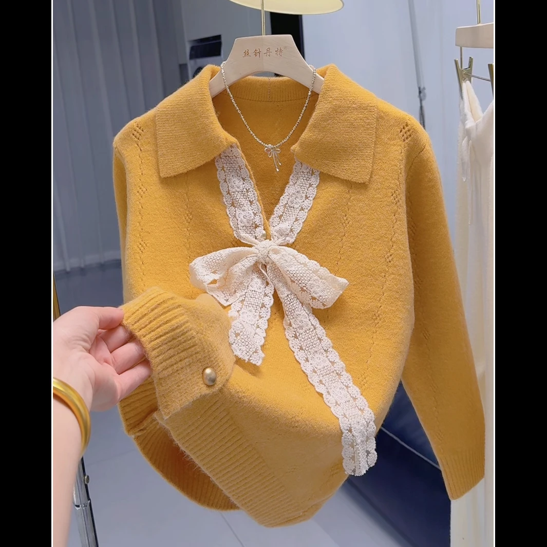 32韩系温柔风蝴蝶结绑带毛衣外套女2025秋新款小个子穿搭针织开衫