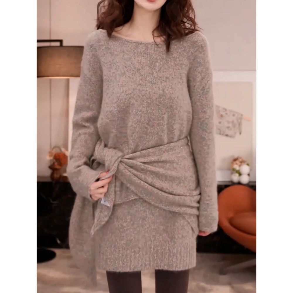 韩系小个子减龄针织裙套装2025冬季新款时尚百搭圆领上衣+半身裙