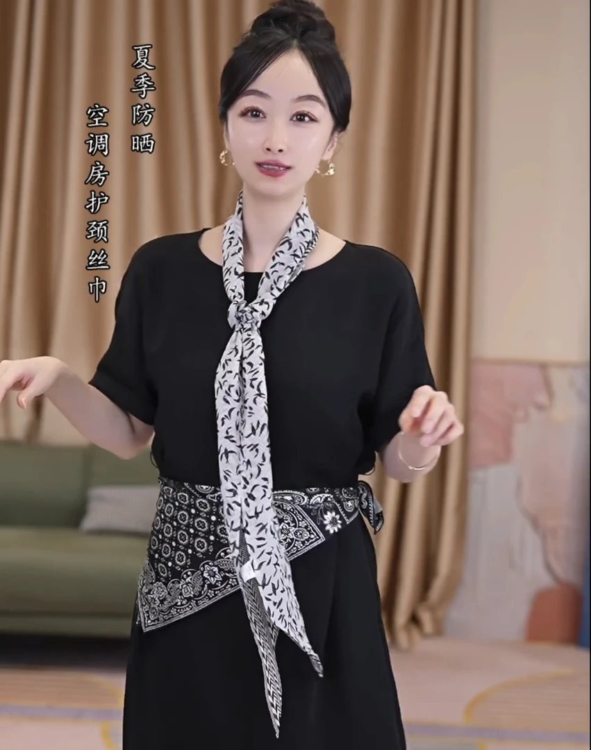 100桑蚕丝雪纺小飘带细窄条真丝丝巾女束发带领巾双层燕子条纹
