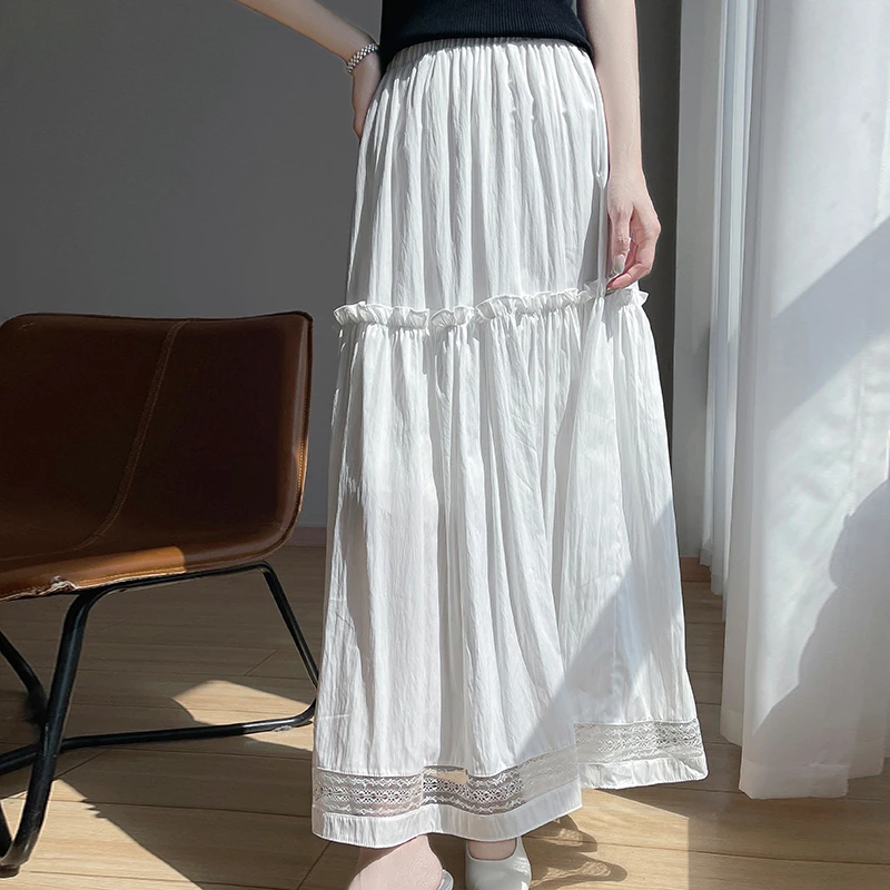 复古钩花半身裙蕾丝纱裙中长款长裙拼接高腰裙子白色显瘦气质时尚