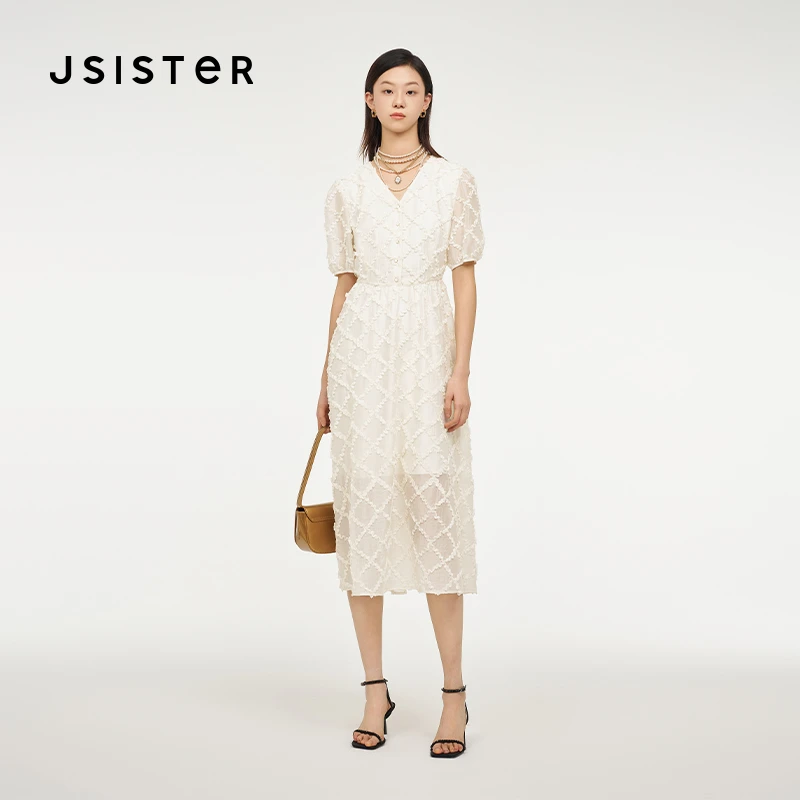 jsister夏装新款JS女装时尚肌理感连衣裙白色