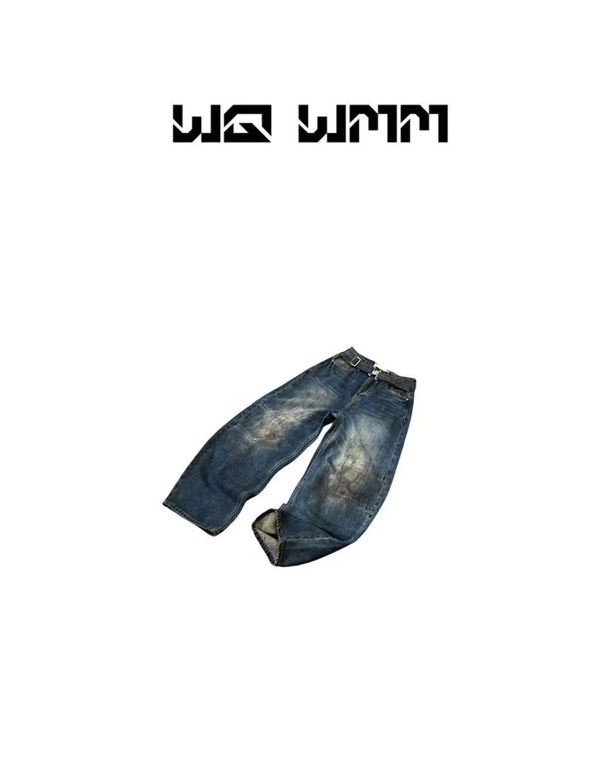 【WQWMM】早秋时髦精复古一体腰腔调感显瘦脏脏牛仔弯刀裤25A90157