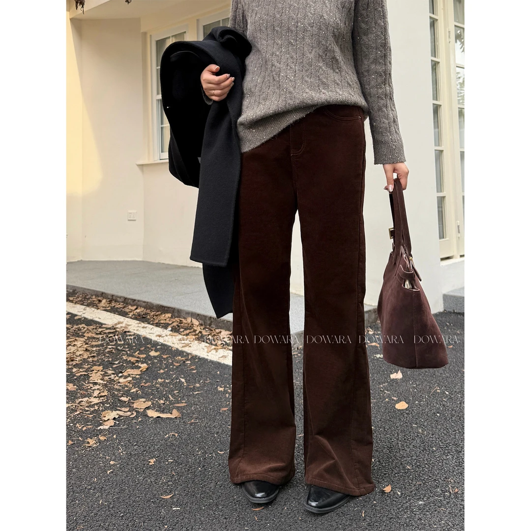 现货大婉酱微胖定制韩系灯芯绒加绒高腰莫代尔垂感牛仔裤冬0392D