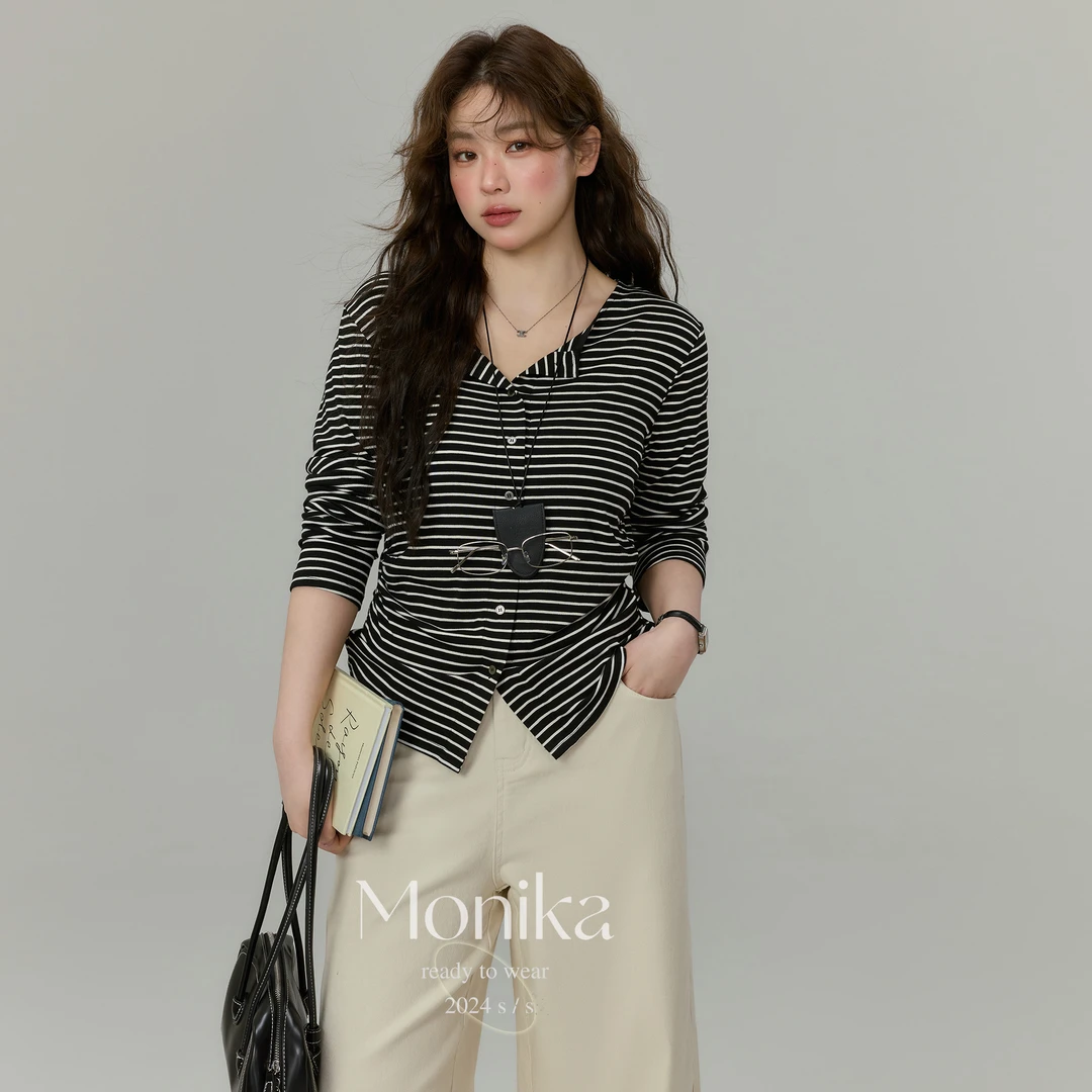 大码女装胖mm韩版条纹长袖T恤春季新款短款上衣开衫4869