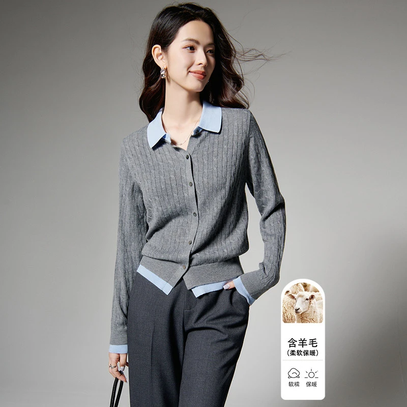 晚白【新品】2025假两件针织衫韩系翻领针织衫女25052521