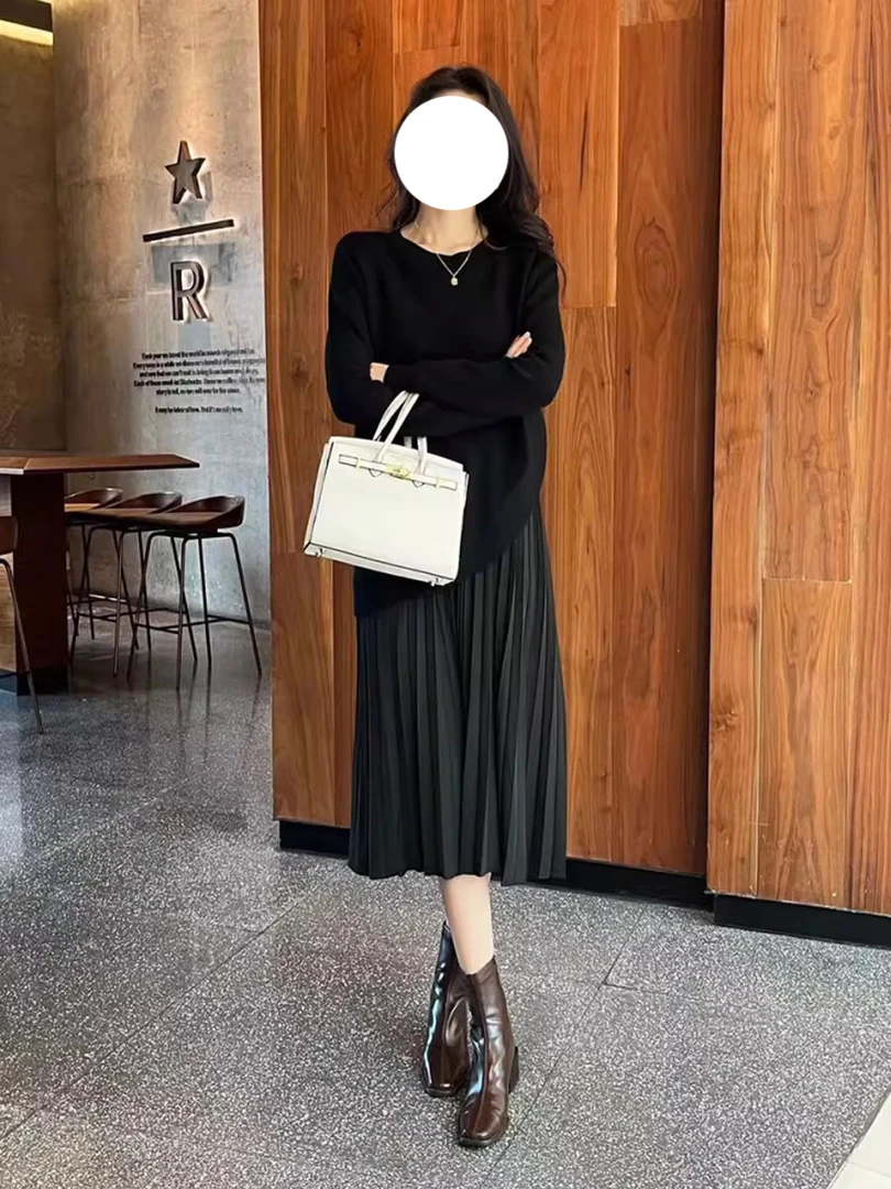 高级感假两件气质连衣裙女2025秋季中长款休闲宽松遮肚拼接过膝裙