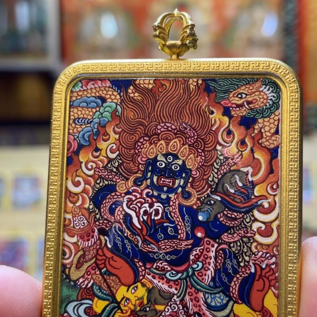 吊坠热贡纯手绘唐卡黑财神
