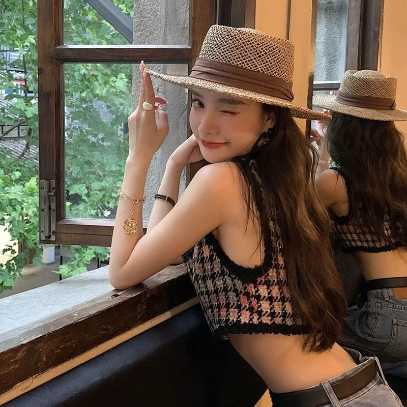 帽子春夏平沿法式平顶绑带草帽网红百时尚咸草编织沙滩度假礼帽