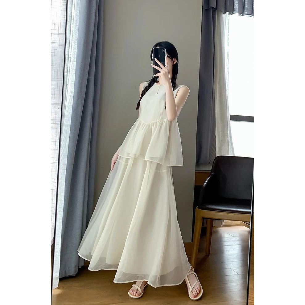 清冷感水蓝色套装2025夏季新款减龄娃娃衫背心+超仙半身裙两件套