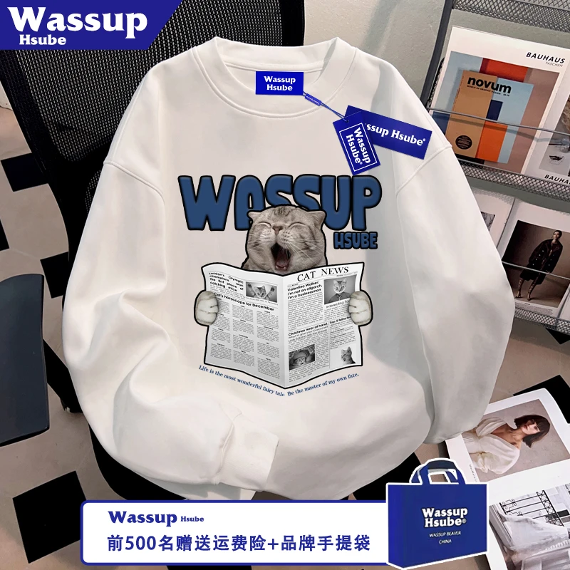WASSUP HSUBE犯困小猫印花白色纯棉ins长袖秋季T恤男女同款上衣