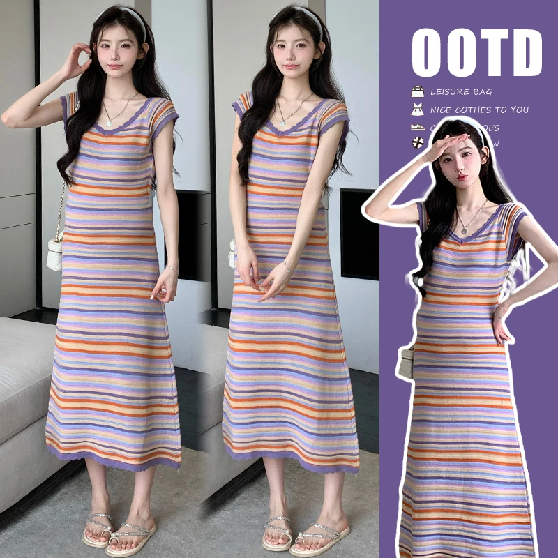 孕妇装2025新款连衣裙夏季彩色条纹短袖裙子孕妈高级穿搭夏天套装