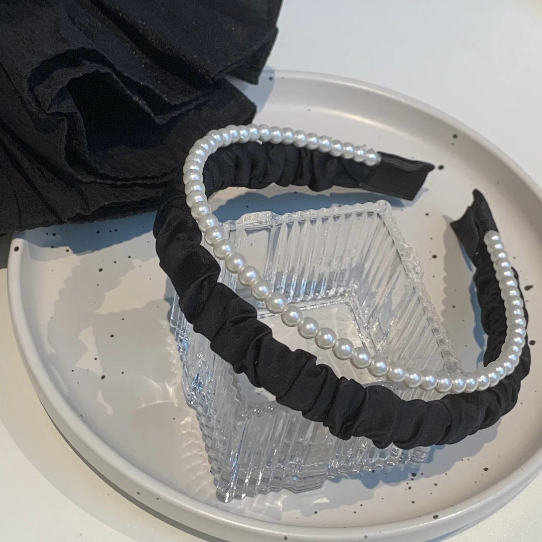 FF077｜发箍｜高级黑色褶皱珍珠2cm｜淘贩