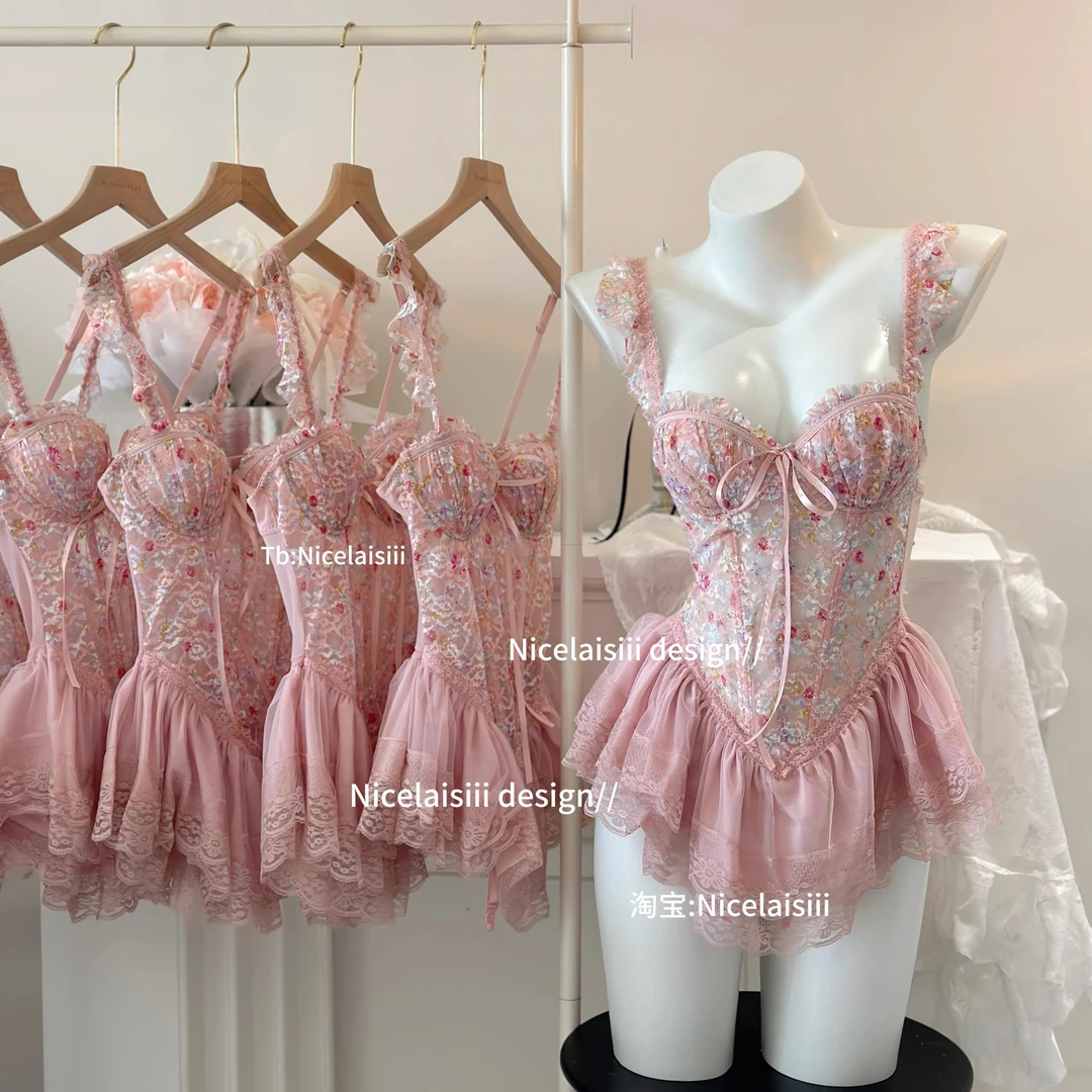 萤火之森【甜芭比】碎花印染甜美胸衣带胸垫显瘦聚拢性感睡裙睡衣