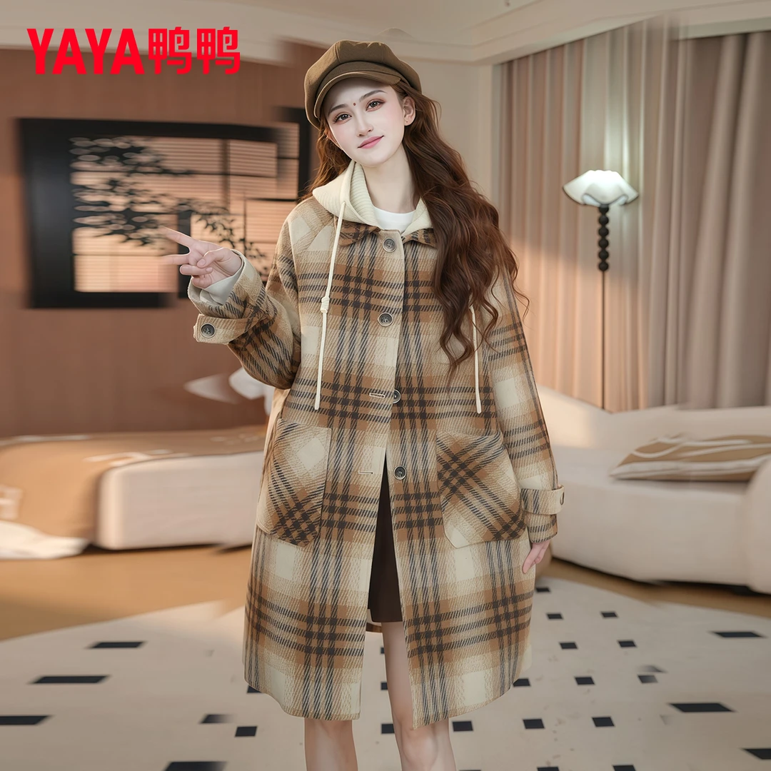 鸭鸭品牌羽绒服女中长款2025冬季新款可拆卸帽潮流毛呢子大衣外套