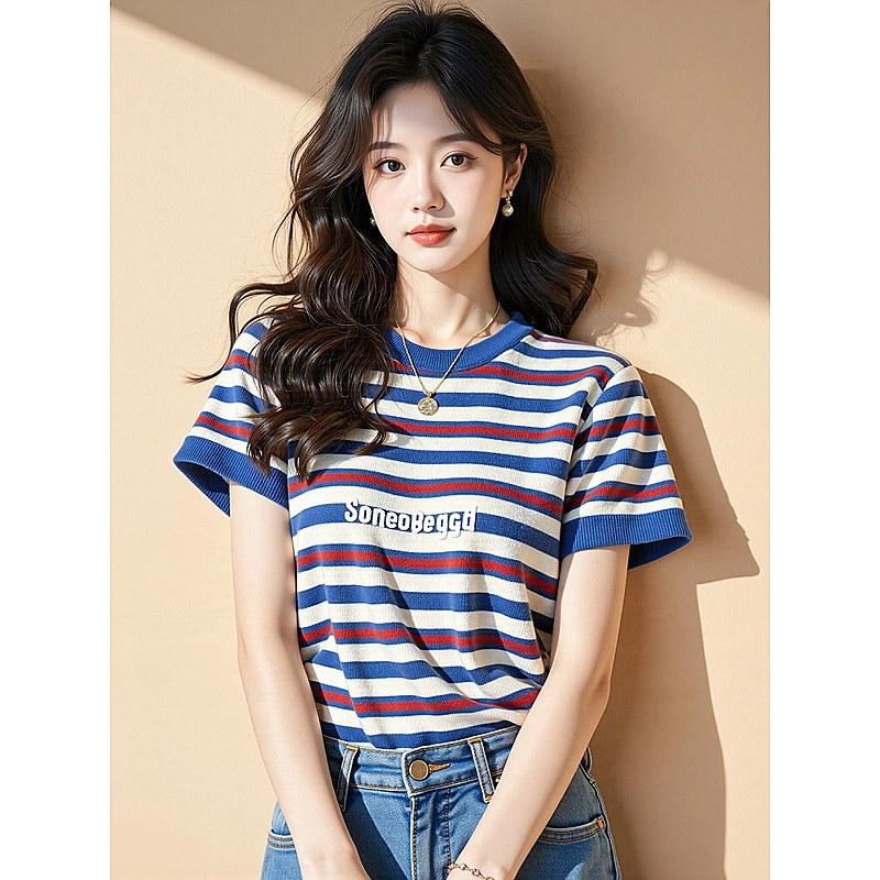 蓝色撞色条纹针织T恤女装2025春季小个子小众设计感字母印花上衣