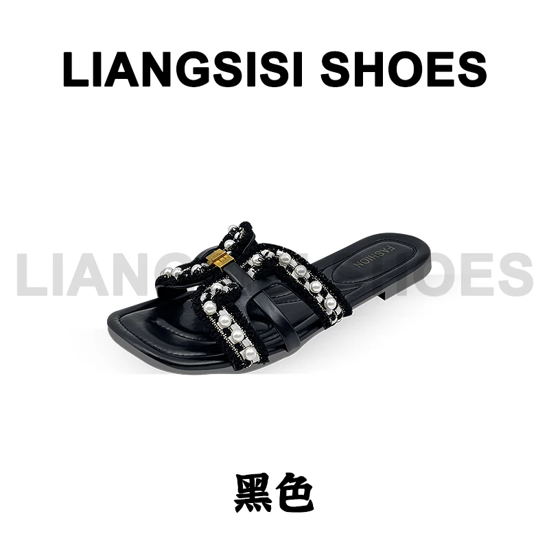 梁思思SHOES夏季新款法式珍珠时尚一字拖-8802