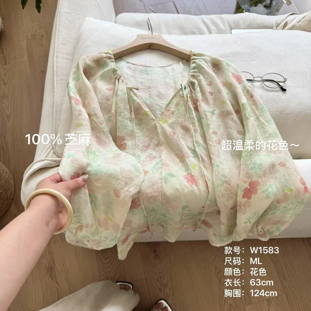小文姐 W1583-夏季温柔甜美防晒衬衫宽松温柔花飘带垂坠感上衣