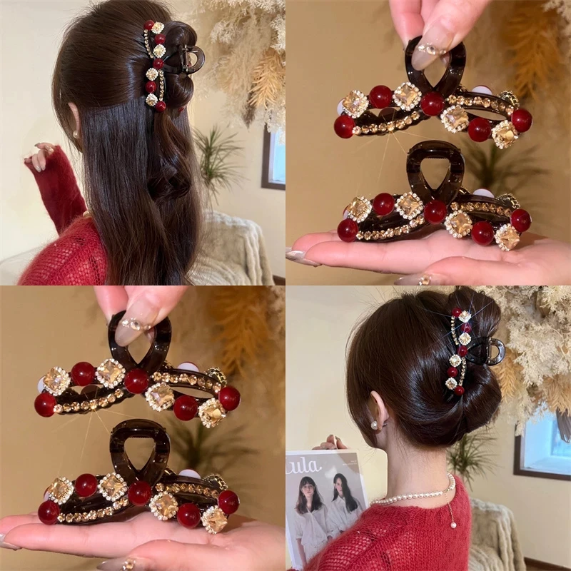 新年红色闪闪珠珠抓夹女高级感过年发夹后脑勺鲨鱼夹发卡头饰