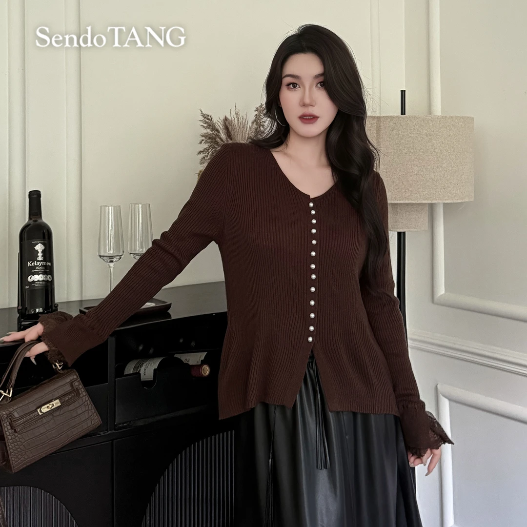 蕾丝拼接针织开衫胖多女装新款法式高级感喇叭长袖打底【倾城一笑】