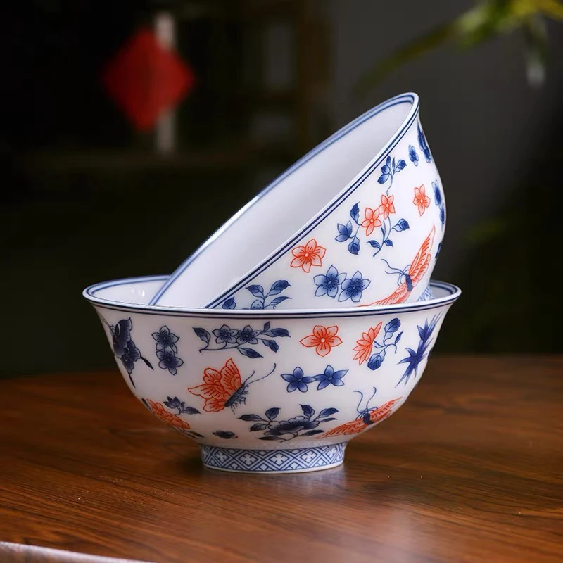 景德镇高温釉下彩青花釉里红蝶恋花碗中式家用米饭碗面碗加厚防烫