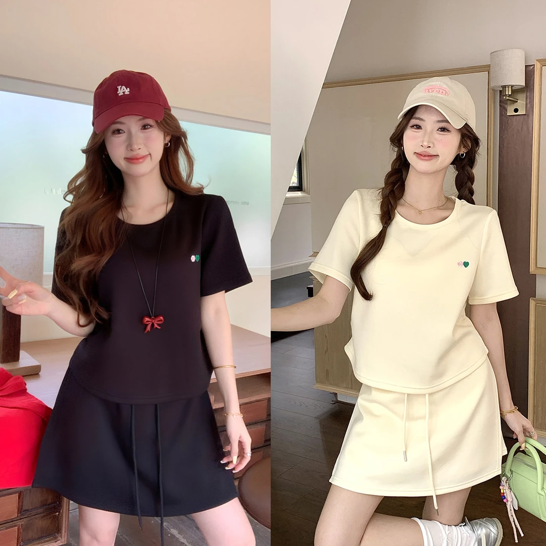 2025夏季时尚大码女胖mm小个子休闲套装短袖t恤半身裙两件套64231
