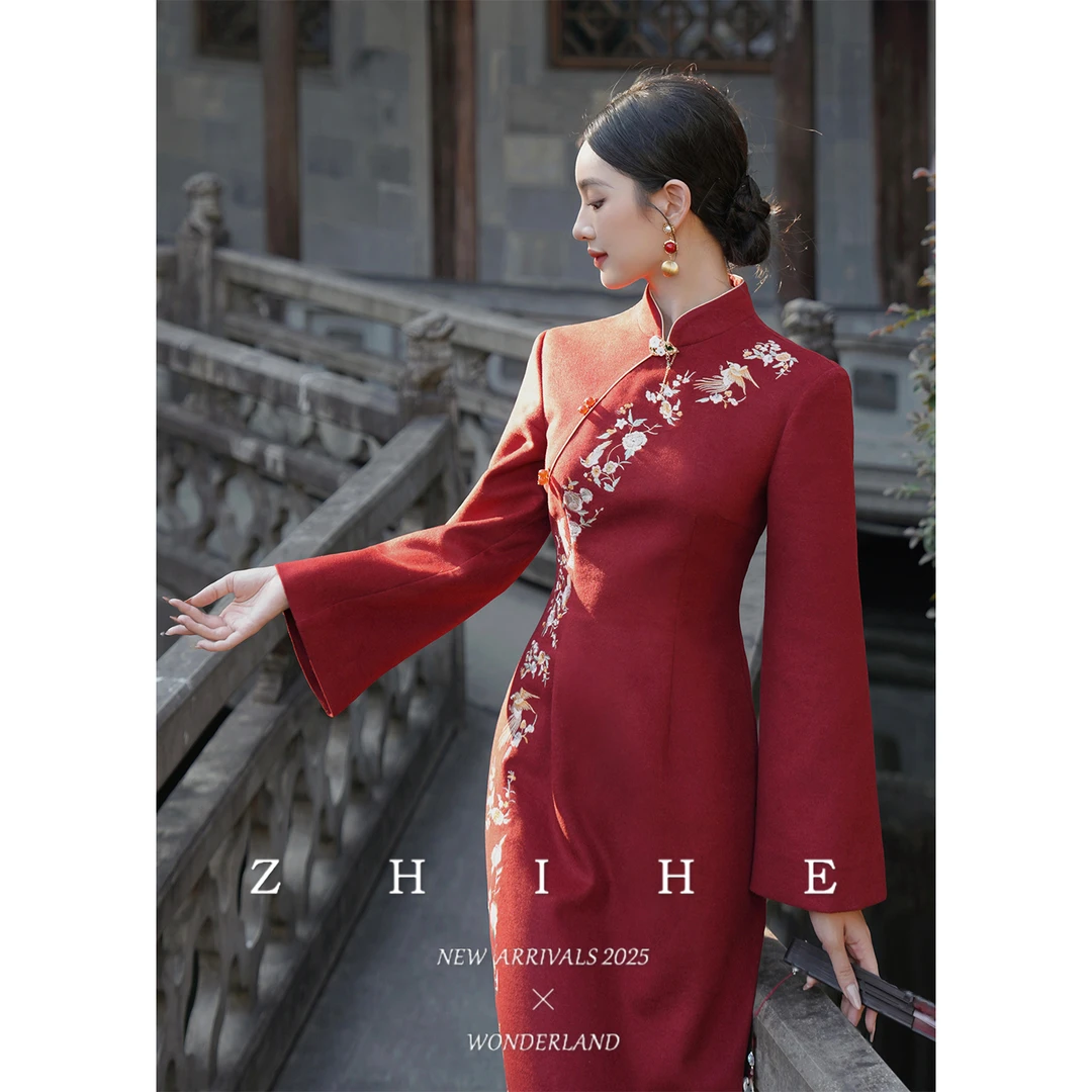 无艳一禾【燕尔】国风原创重工绣花绵羊毛旗袍连衣裙