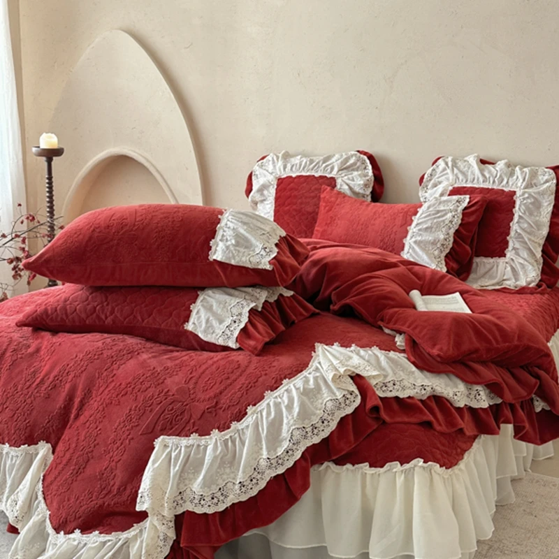 欧式高克重全消光雕花牛奶绒床盖四件套公主风双面绒加厚保暖被套
