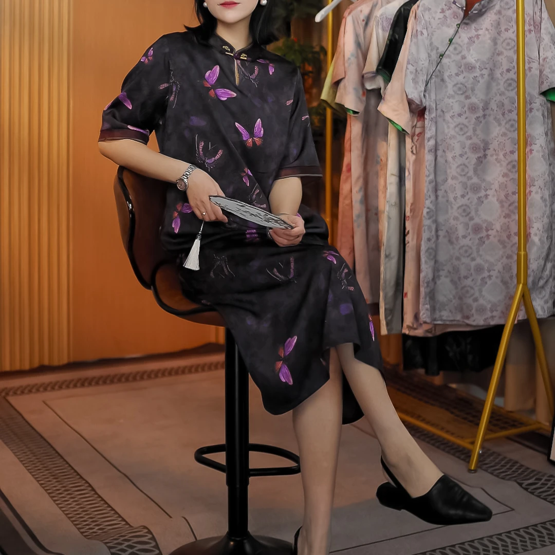 【紫蝶】夏季高端时尚气质印花复古中长款新中式日常女装连衣裙